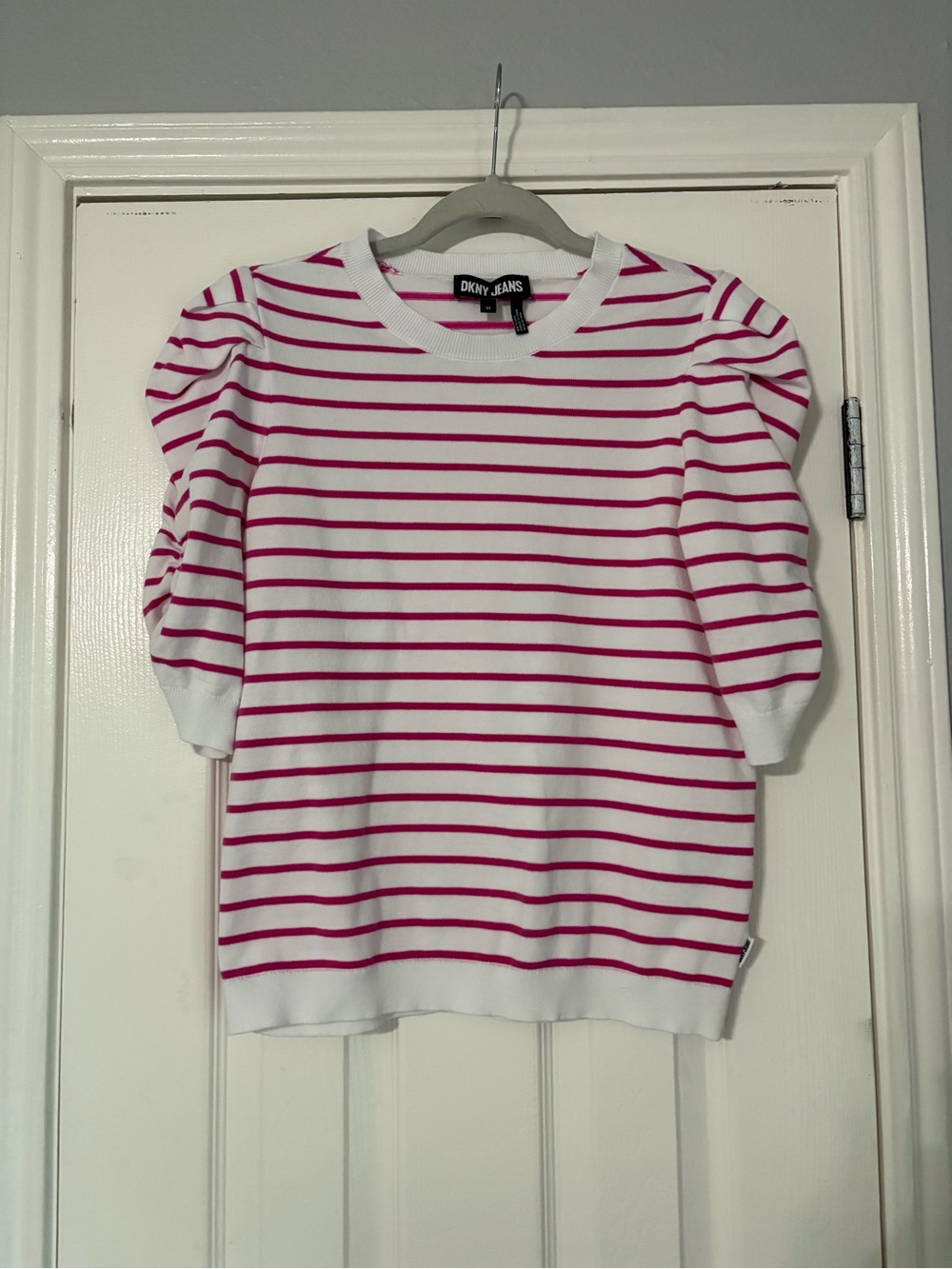 DKNY White Top with Pink Stripes and Puff Sleeves